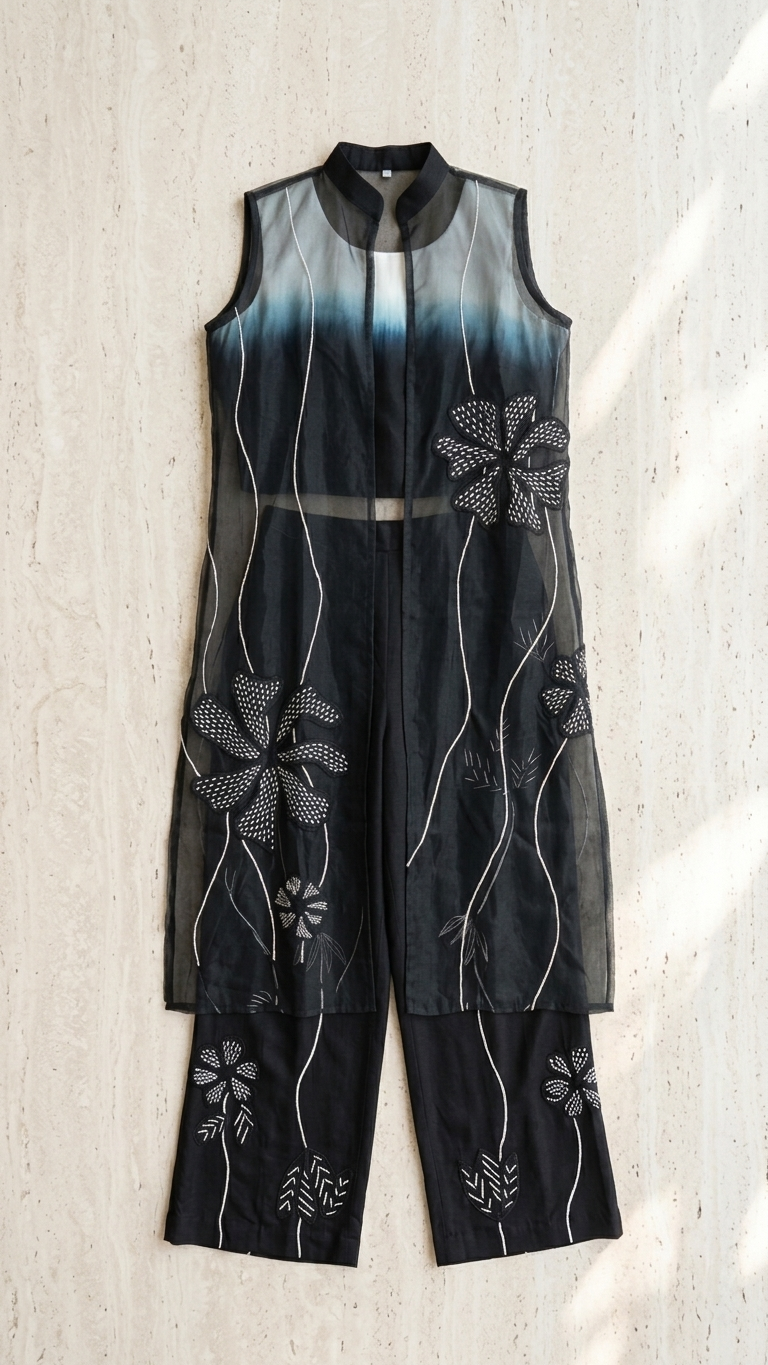 Black Ombre Organza Jacket 3-Piece Set — Embroidered Appliqué, Size 40