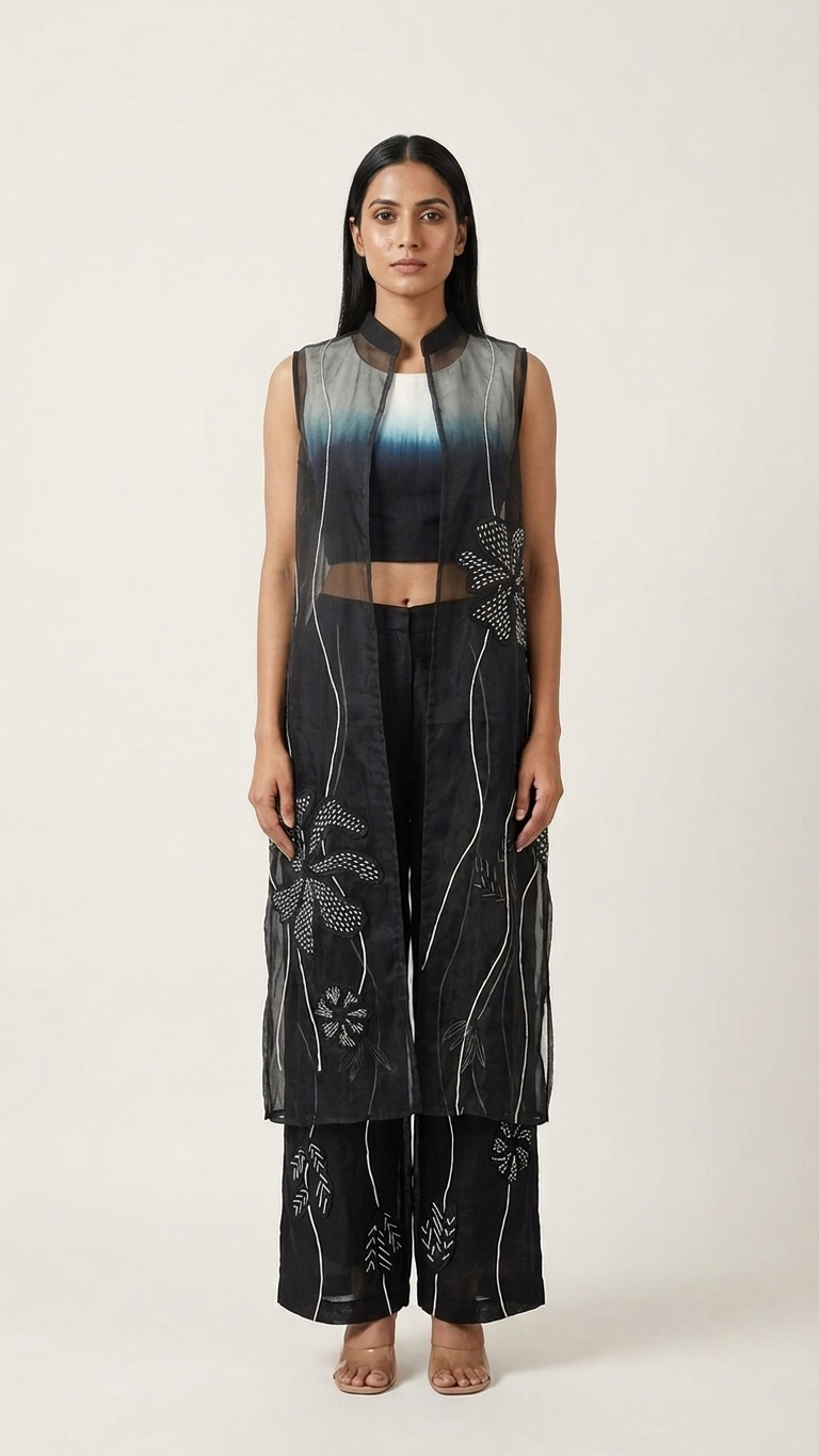 Black Ombre Organza Jacket 3-Piece Set — Embroidered Appliqué, Size 40