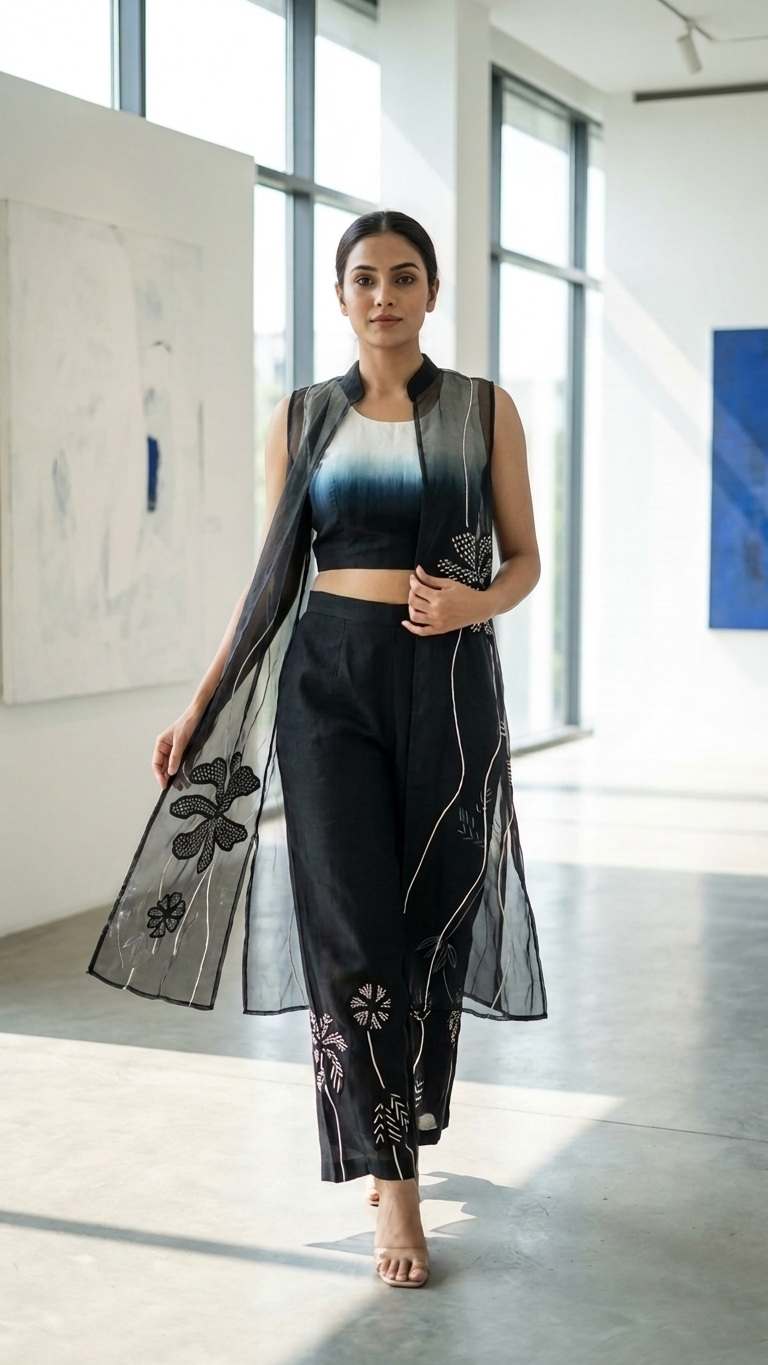 Black Ombre Organza Jacket 3-Piece Set — Embroidered Appliqué, Size 40