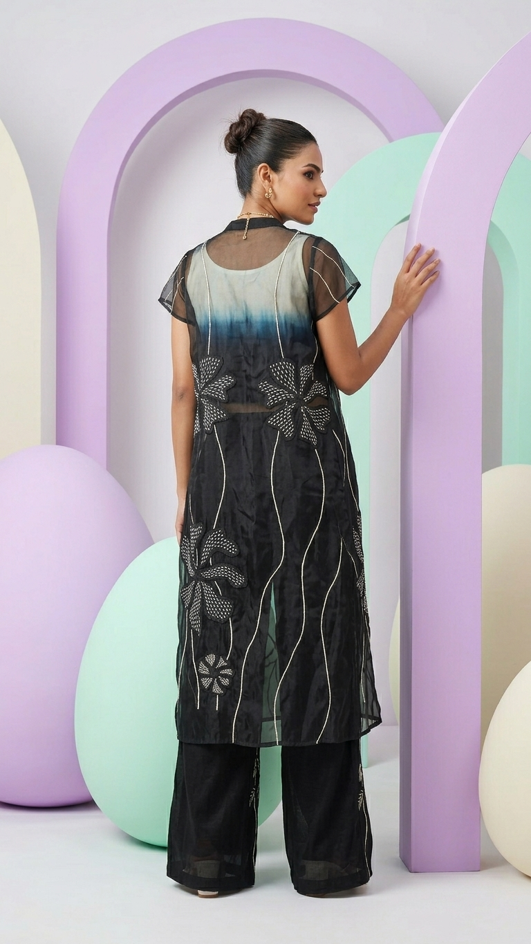 Black Ombre Organza Jacket 3-Piece Set — Embroidered Appliqué, Size 40