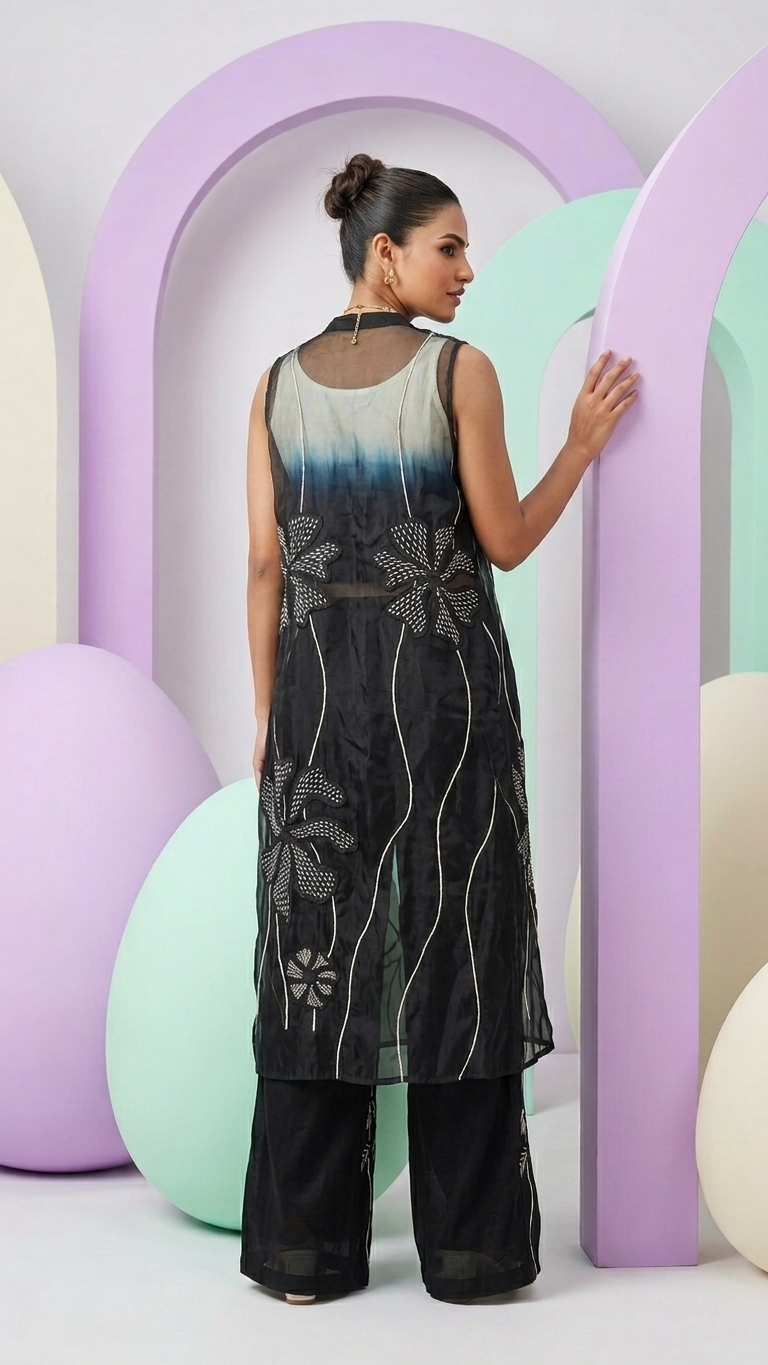 Black Ombre Organza Jacket 3-Piece Set — Embroidered Appliqué, Size 40