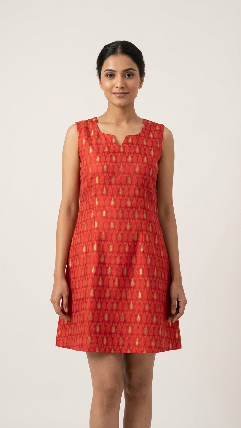 Red Gold Brocade Shift Dress — Viscose, Indo-Western, Wear Two Ways
