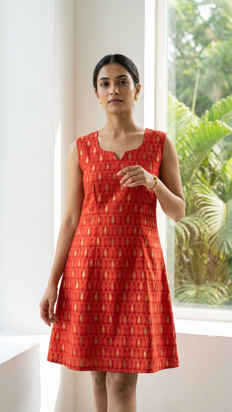 Red Gold Brocade Shift Dress — Viscose, Indo-Western, Wear Two Ways