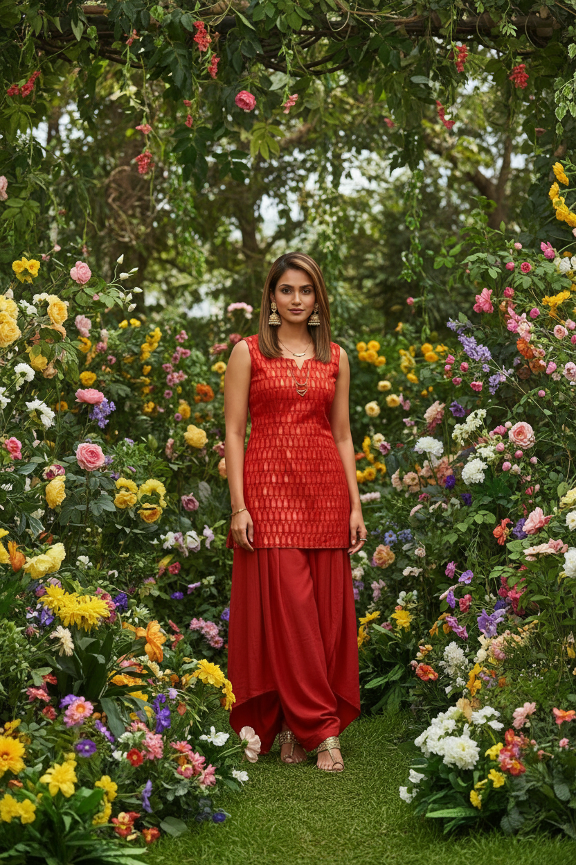 Red Gold Brocade Shift Dress — Viscose, Indo-Western, Wear Two Ways