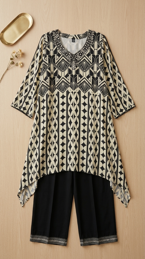 Black & Ivory Art Deco 2-Piece Set — Geometric Kurta & Cropped Pants