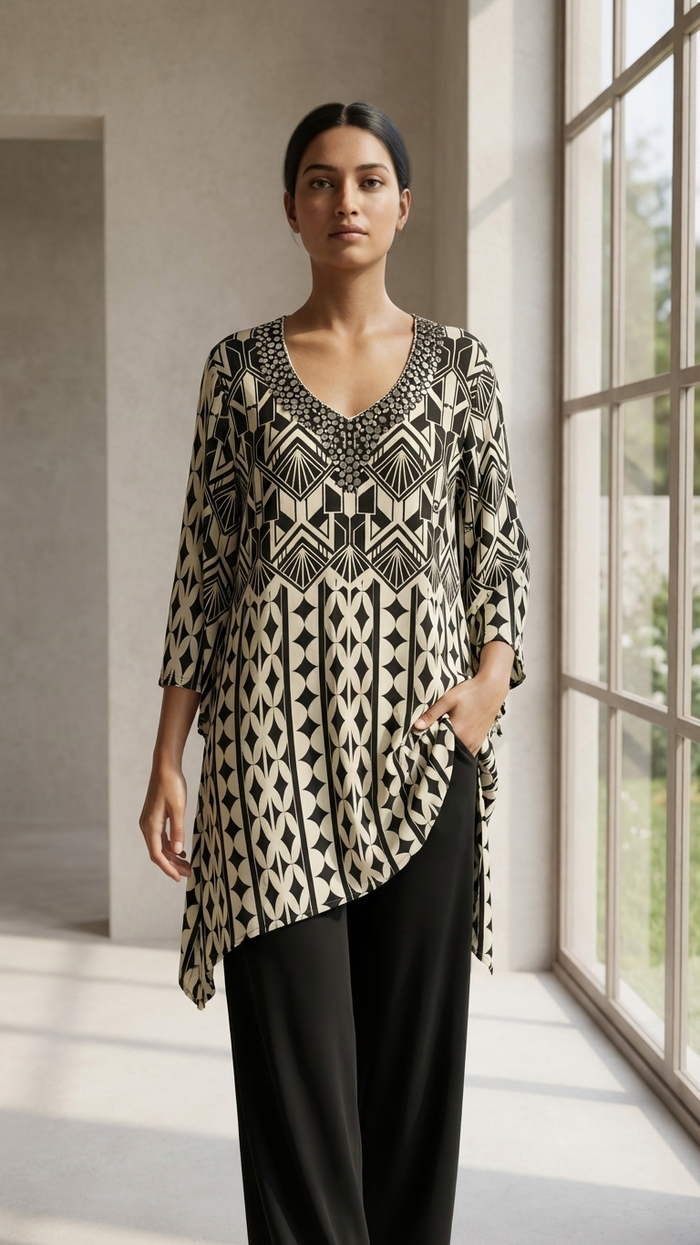 Black & Ivory Art Deco 2-Piece Set — Geometric Kurta & Cropped Pants