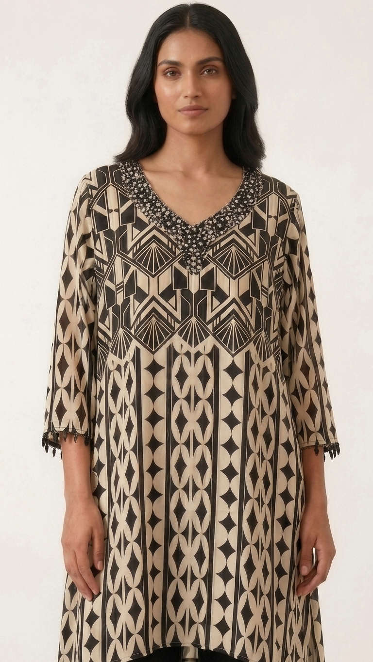 Black & Ivory Art Deco 2-Piece Set — Geometric Kurta & Cropped Pants