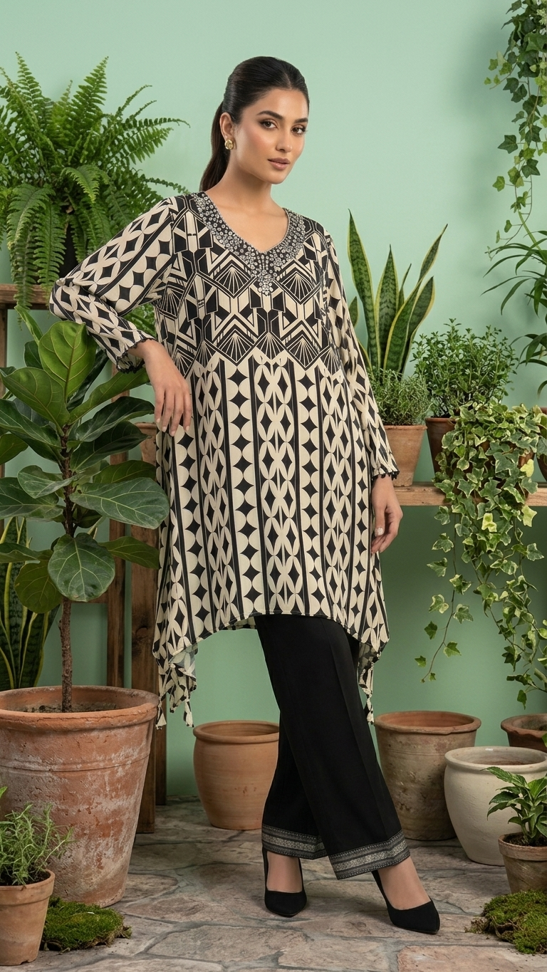 Black & Ivory Art Deco 2-Piece Set — Geometric Kurta & Cropped Pants