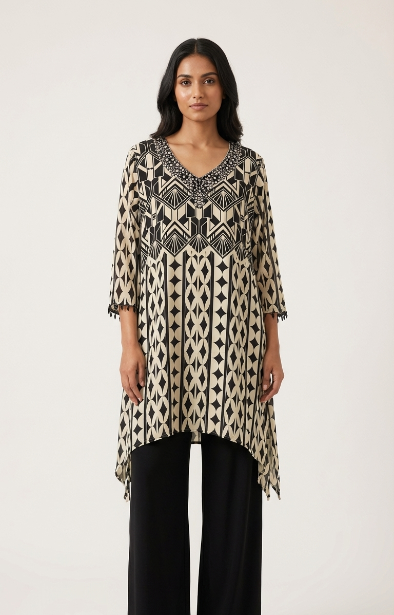 Black & Ivory Art Deco 2-Piece Set — Geometric Kurta & Cropped Pants