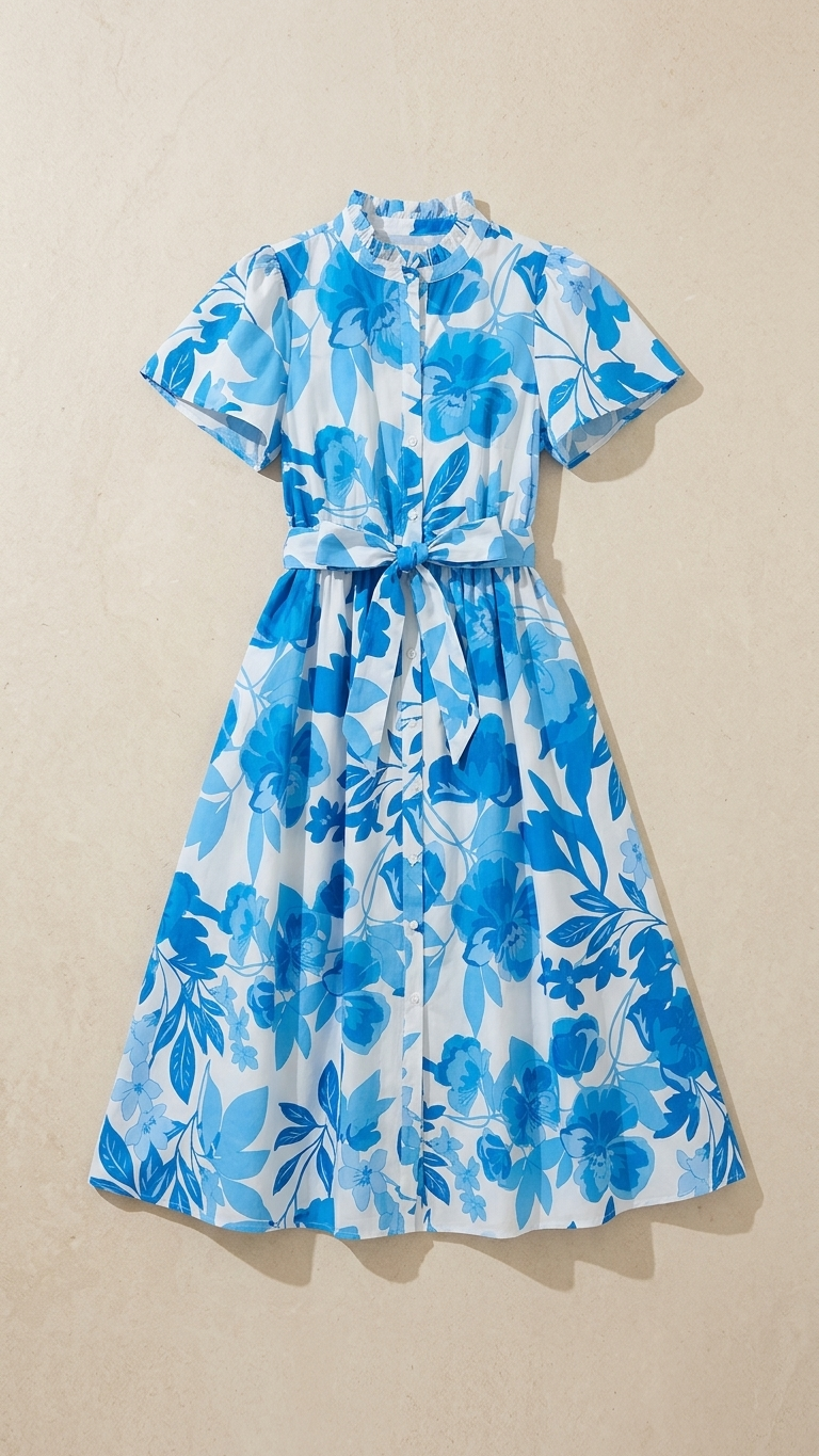 Cobalt Blue Floral Poplin Midi Dress — Ruffle Neck, Belted A-Line, Cotton Lined