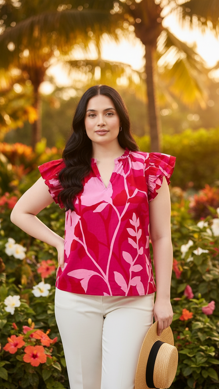 Fuchsia Botanical Ruffle Flutter Top — Poplin, Plus Size