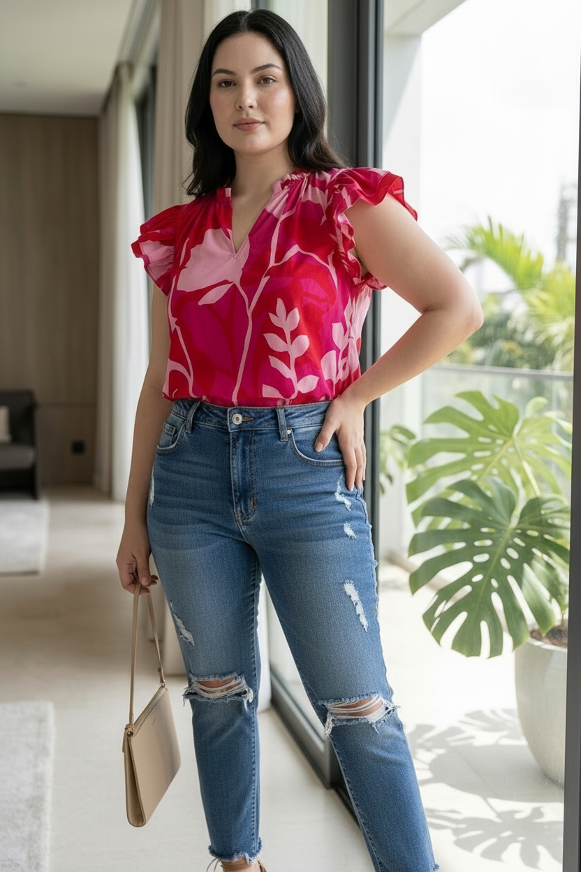 Woman wearing a pink floral blouse and blue jea indoors.