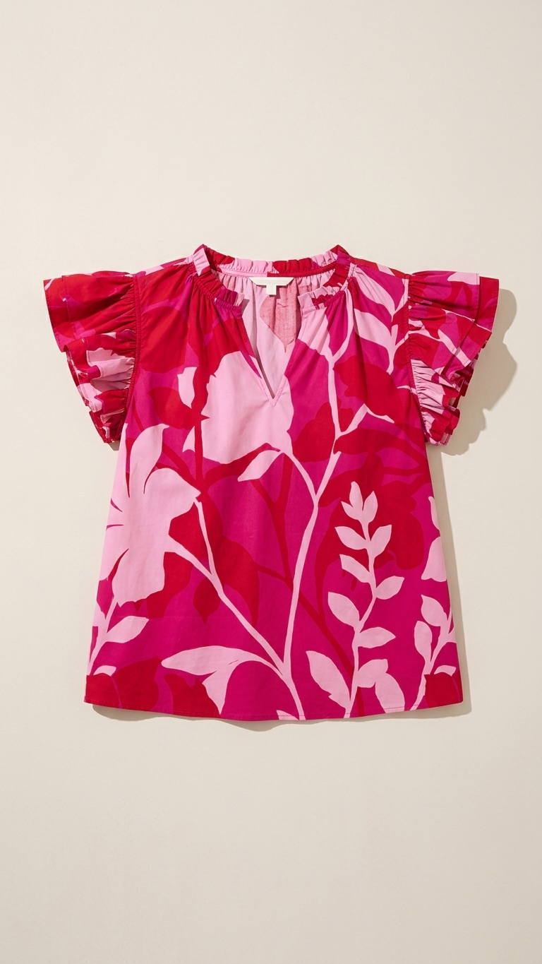 Fuchsia Botanical Ruffle Flutter Top — Poplin, Plus Size