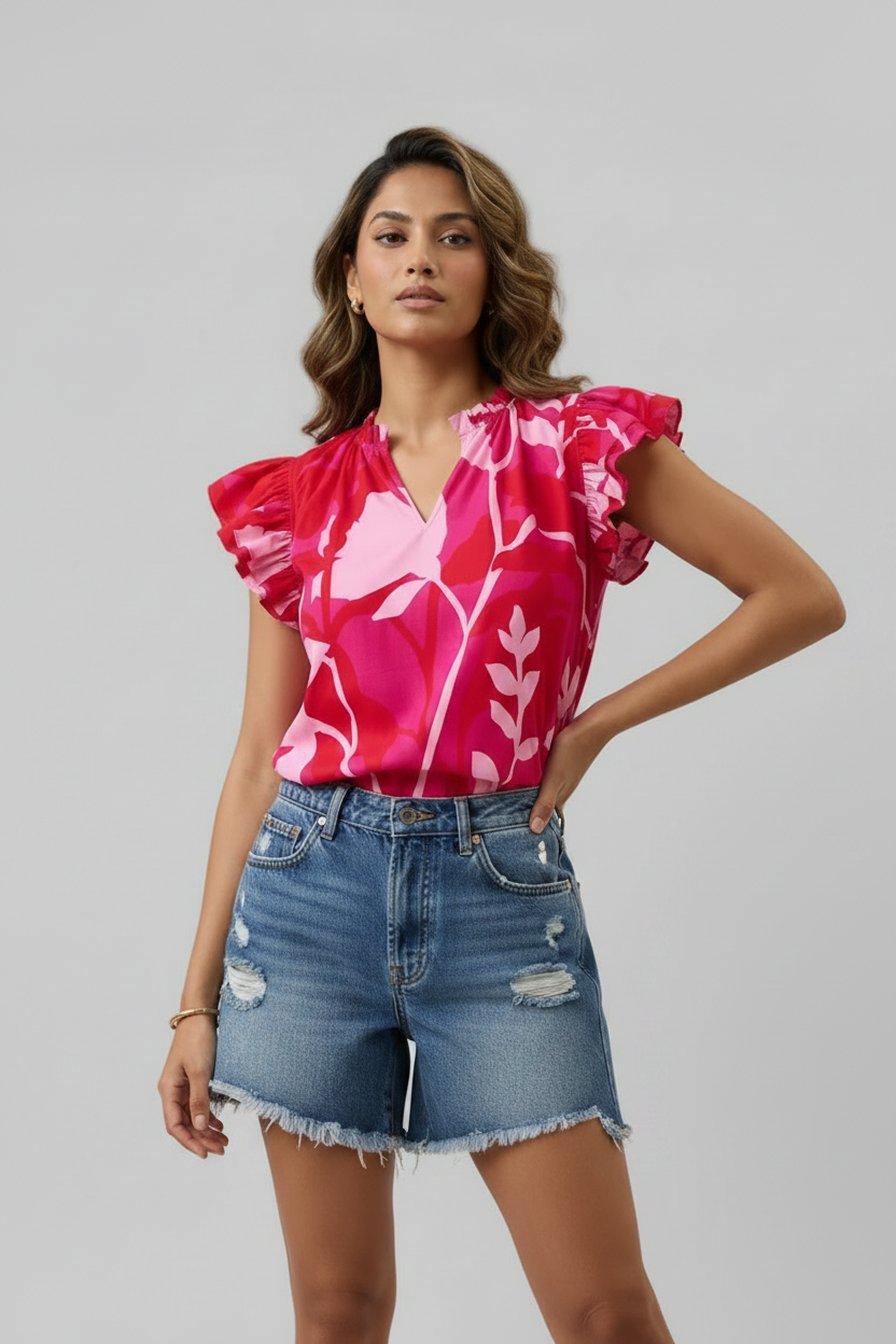 Fuchsia Botanical Ruffle Flutter Top — Poplin, Plus Size