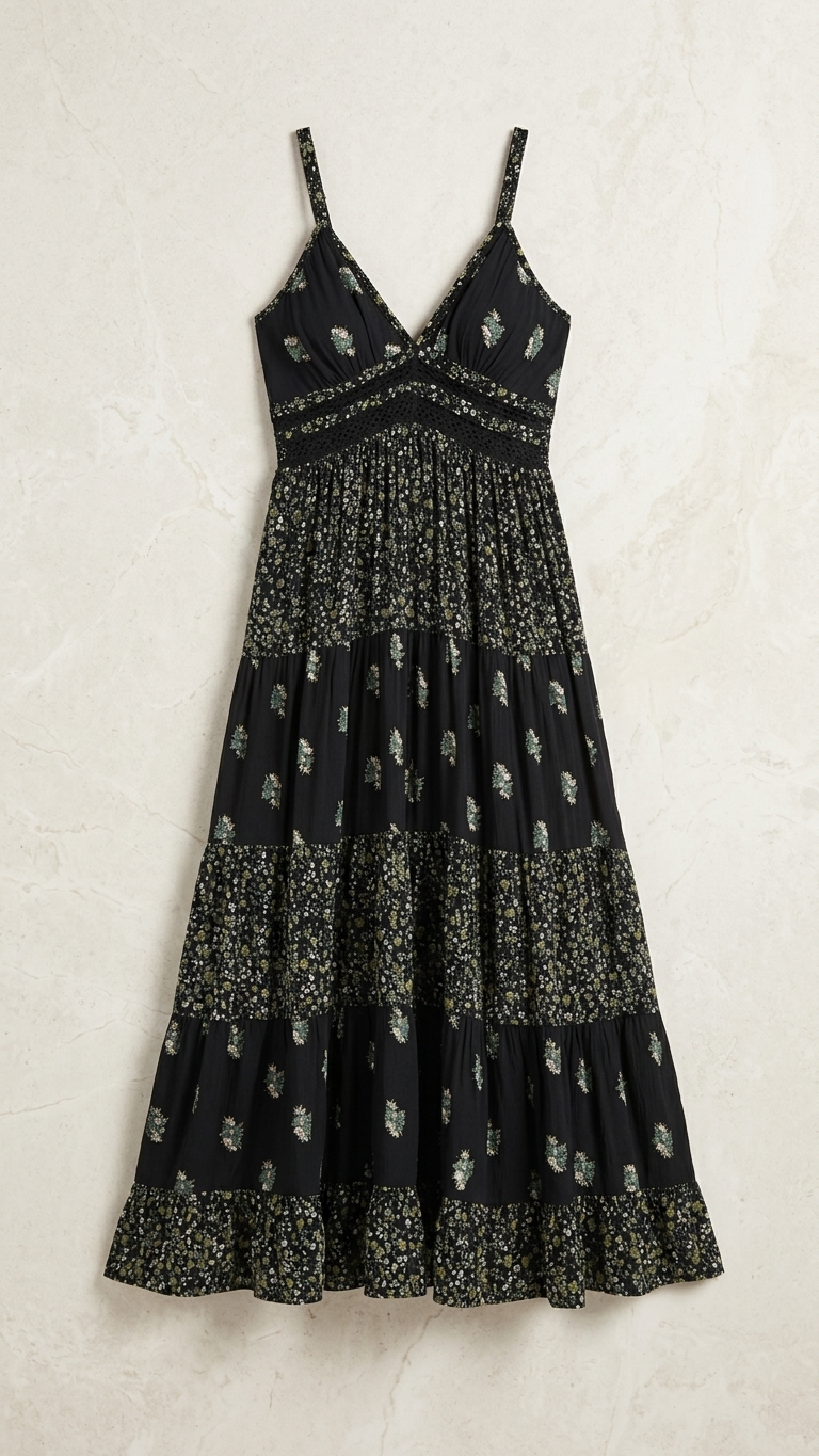 Black Botanical Tiered Maxi Dress — Crinkle Rayon, Crochet Waist, Spaghetti Straps