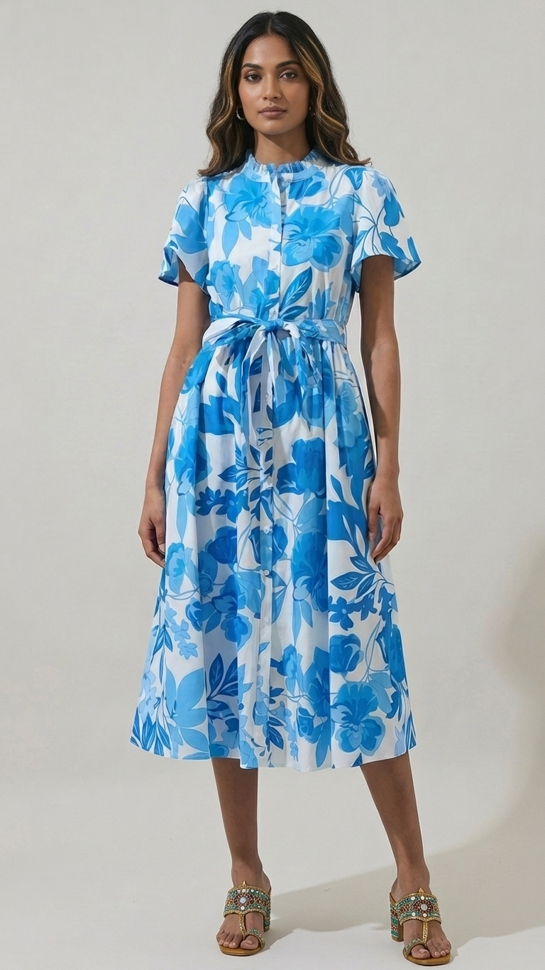 Cobalt Blue Floral Poplin Midi Dress — Ruffle Neck, Belted A-Line, Cotton Lined
