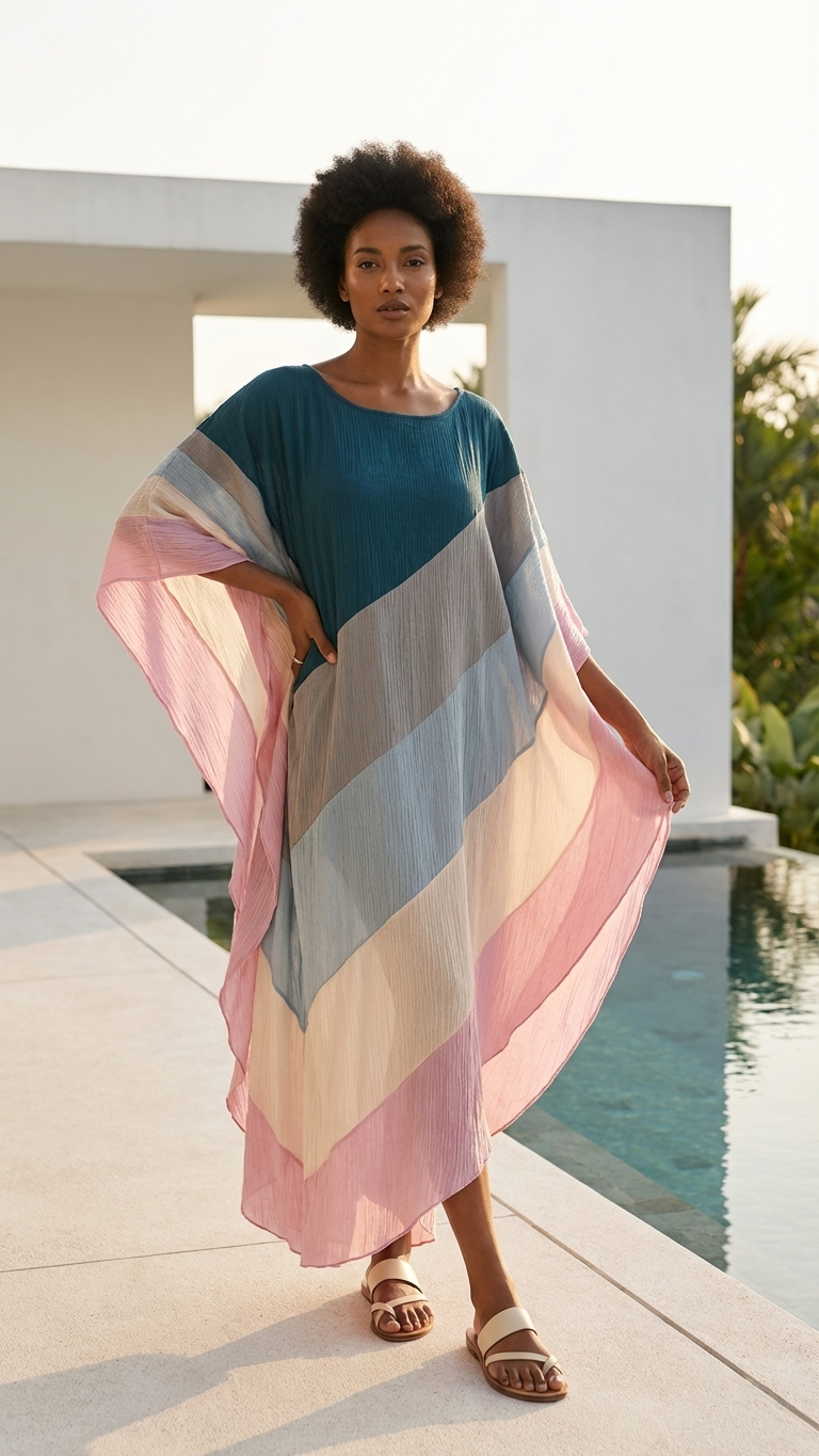Diagonal Colour Block Maxi Kaftan — Crinkle Rayon, Resort Luxe | Saachi USA