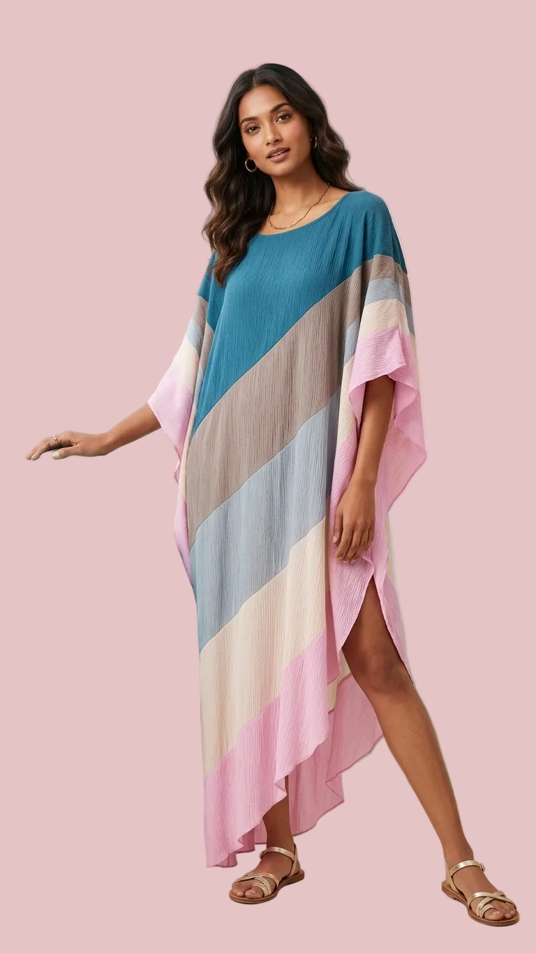 Diagonal Colour Block Maxi Kaftan — Crinkle Rayon, Resort Luxe | Saachi USA