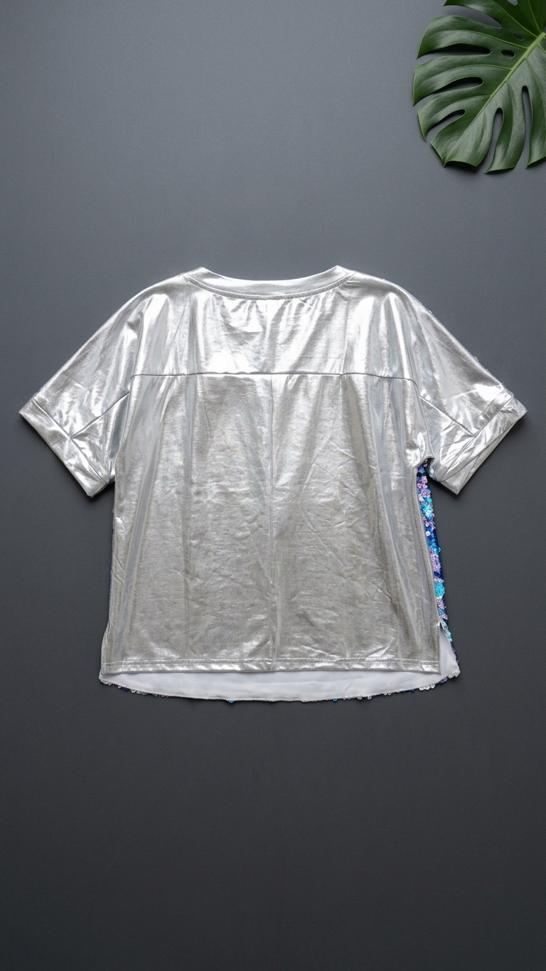 Iridescent Sequin Checkerboard Top — Holographic, Boxy Fit
