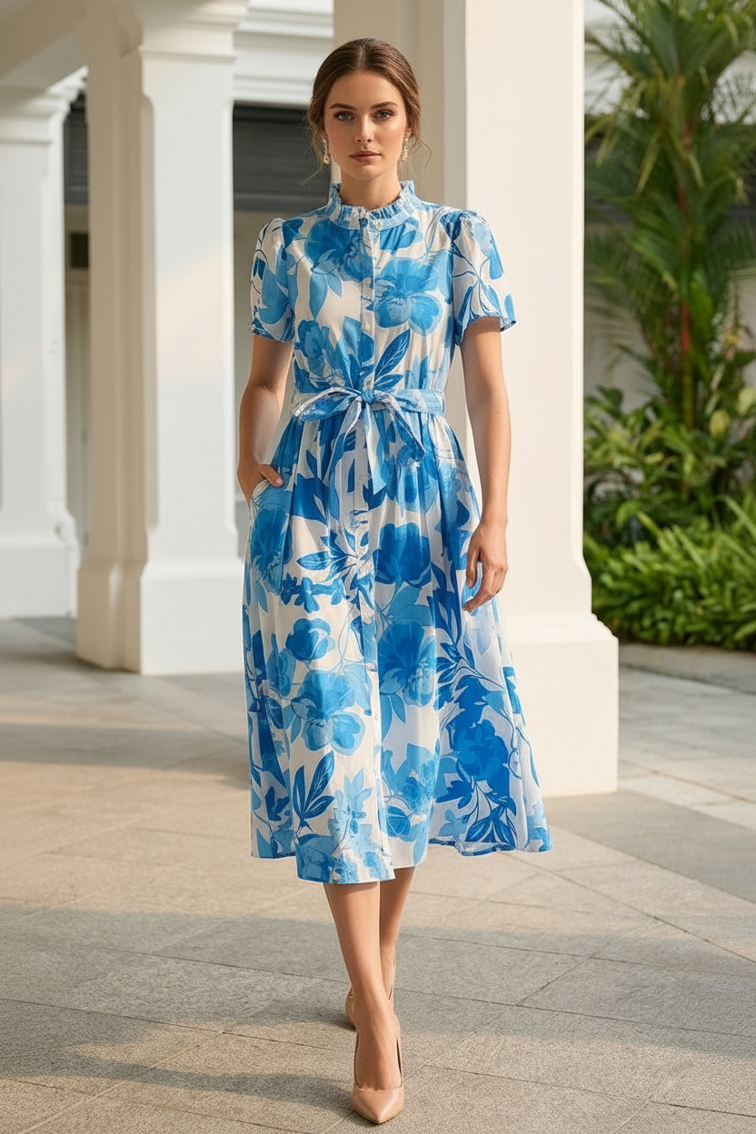 Cobalt Blue Floral Poplin Midi Dress — Ruffle Neck, Belted A-Line, Cotton Lined