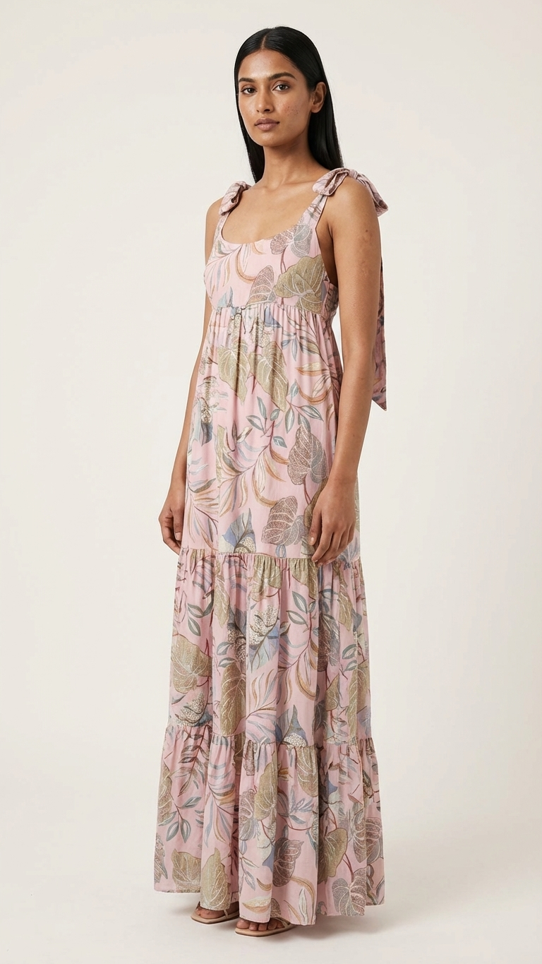 Blush Tropical Leaf Tiered Midi Dress — Crinkle Rayon, Tie Shoulder Straps