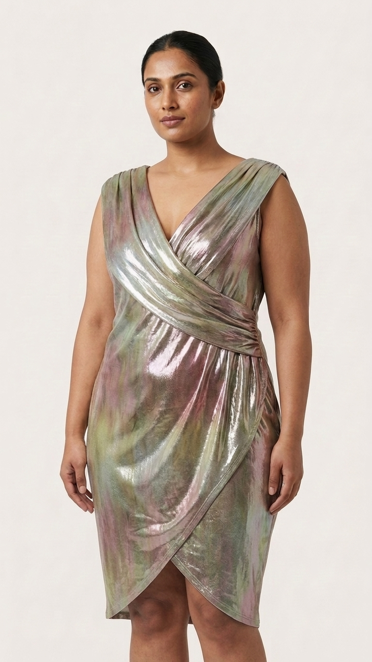 Iridescent Holographic Wrap Dress — Rayon Spandex, Tulip Hem, Plus Size