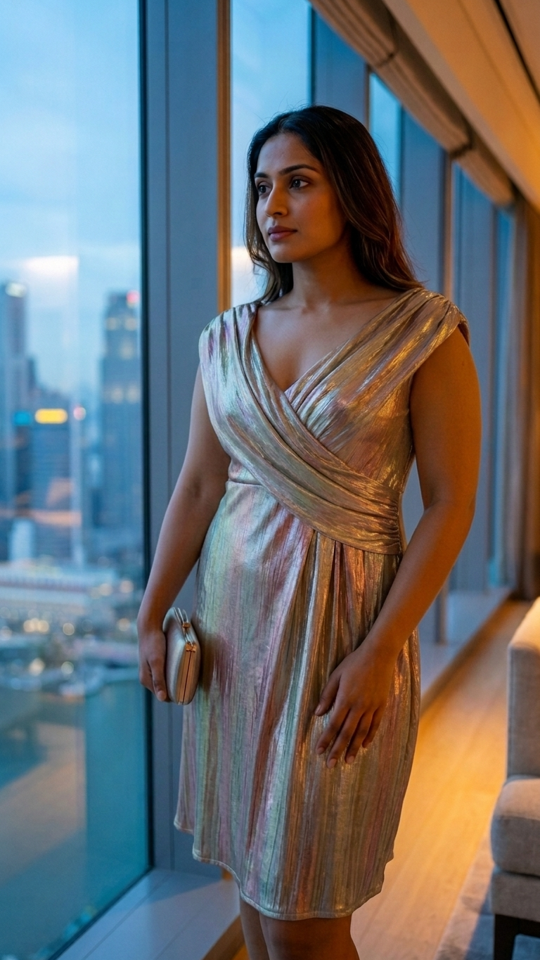 Iridescent Holographic Wrap Dress — Rayon Spandex, Tulip Hem, Plus Size