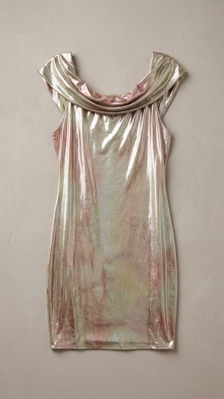 Iridescent Holographic Wrap Dress — Rayon Spandex, Tulip Hem, Plus Size