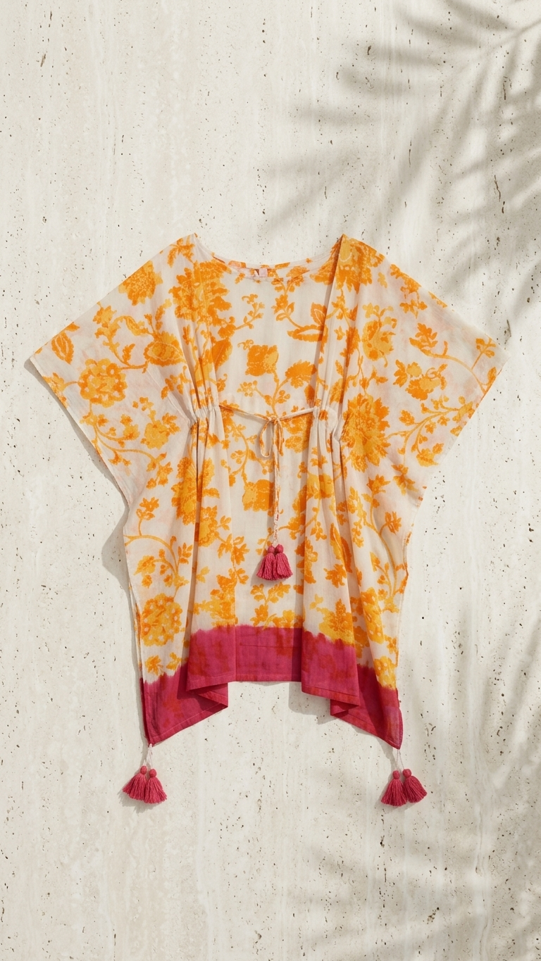 Saffron Floral Cotton Kaftan — Dip Dye Hem, Pink Tassels, One Size