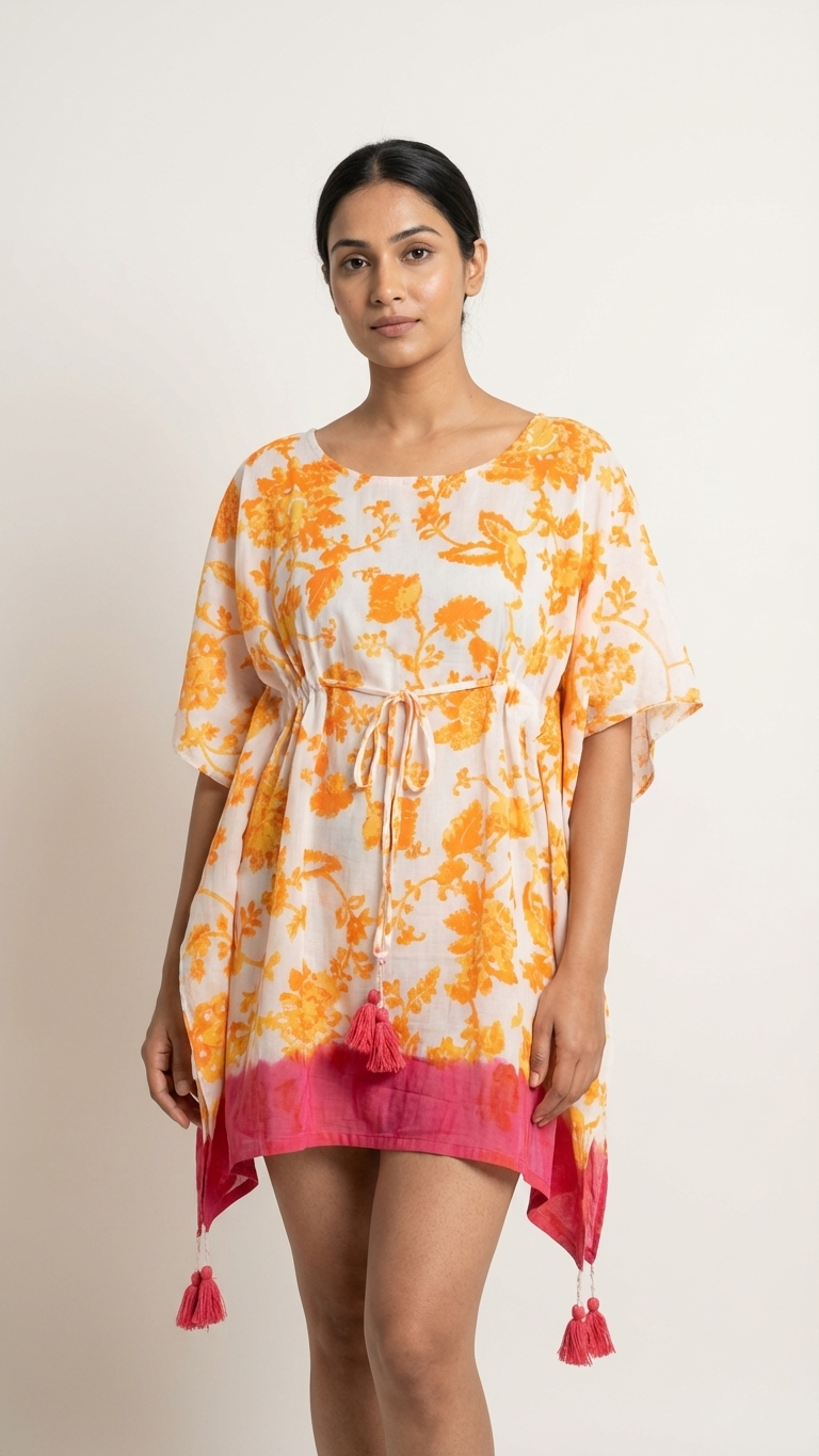 Saffron Floral Cotton Kaftan — Dip Dye Hem, Pink Tassels, One Size