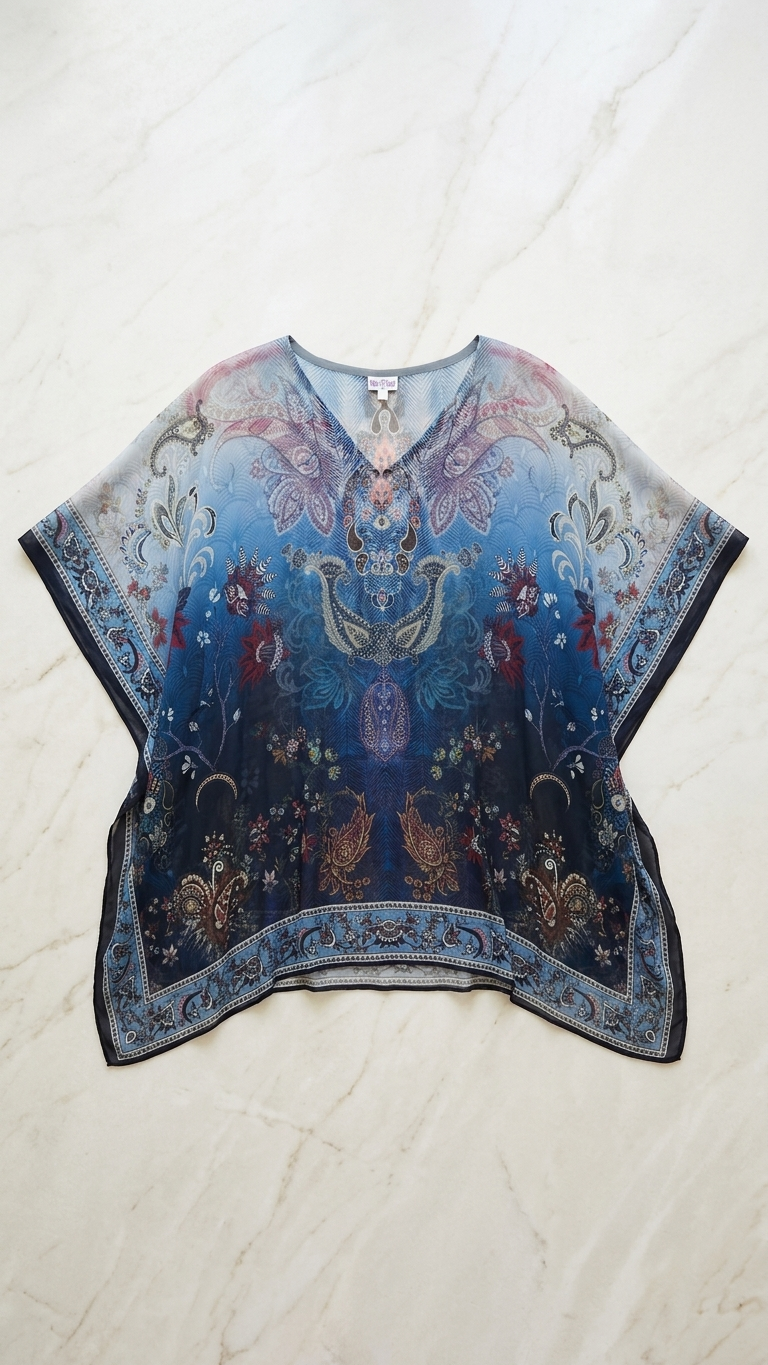 Blue Ombre Paisley Kaftan — Cupro, Handkerchief Hem | Sevya USA