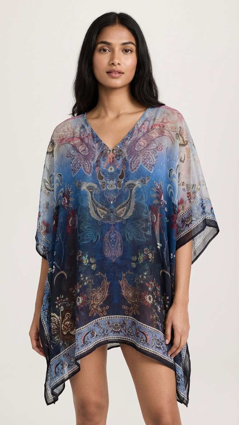 Blue Ombre Paisley Kaftan — Cupro, Handkerchief Hem | Sevya USA