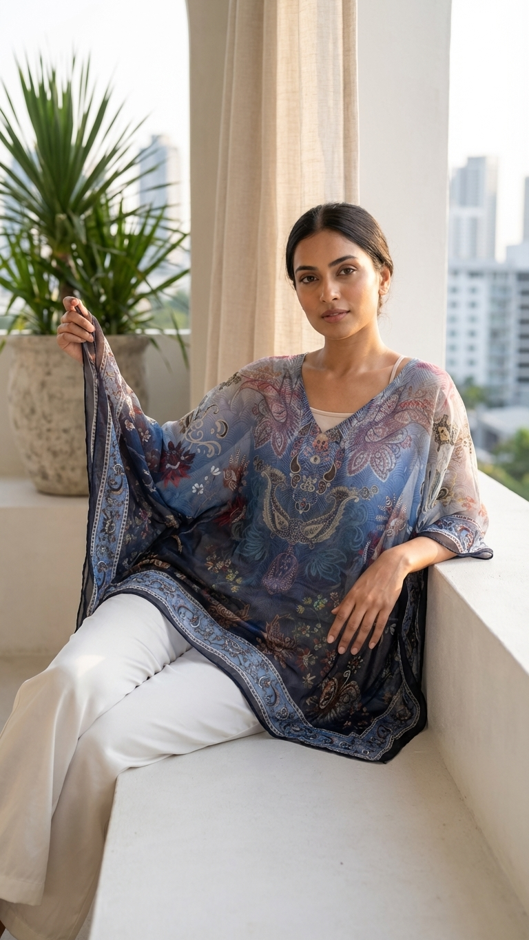 Blue Ombre Paisley Kaftan — Cupro, Handkerchief Hem | Sevya USA