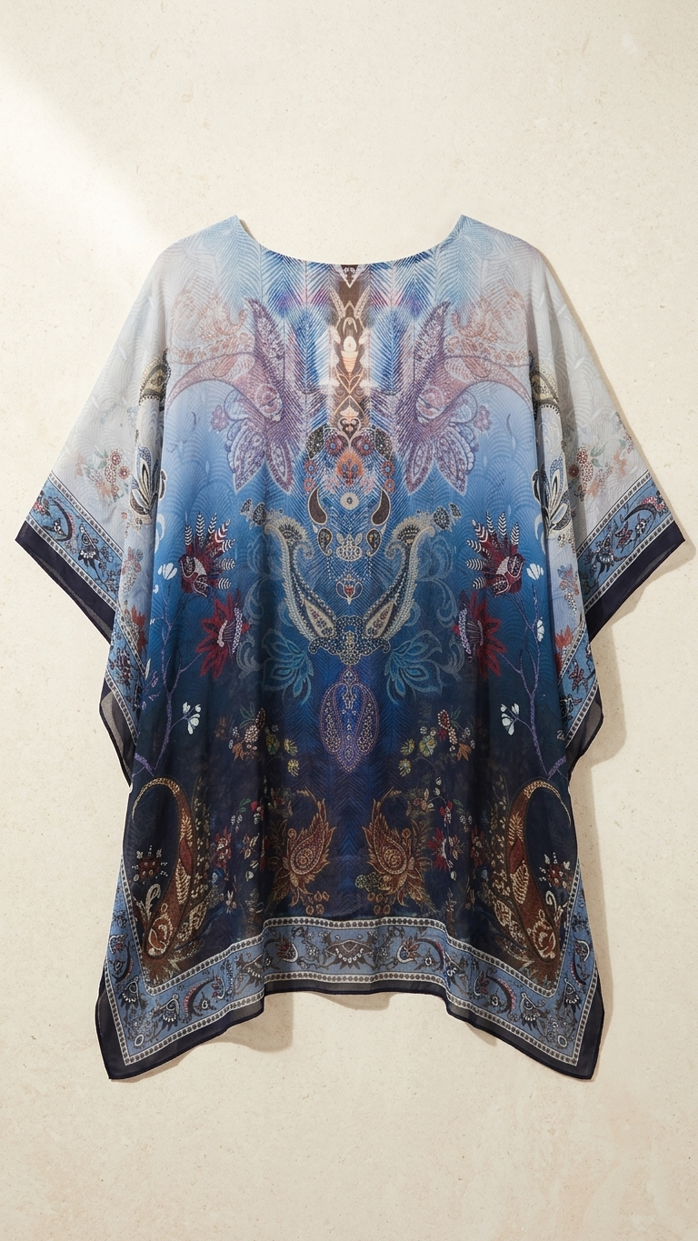 Blue Ombre Paisley Kaftan — Cupro, Handkerchief Hem | Sevya USA