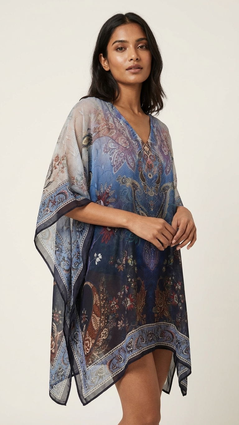Blue Ombre Paisley Kaftan — Cupro, Handkerchief Hem | Sevya USA
