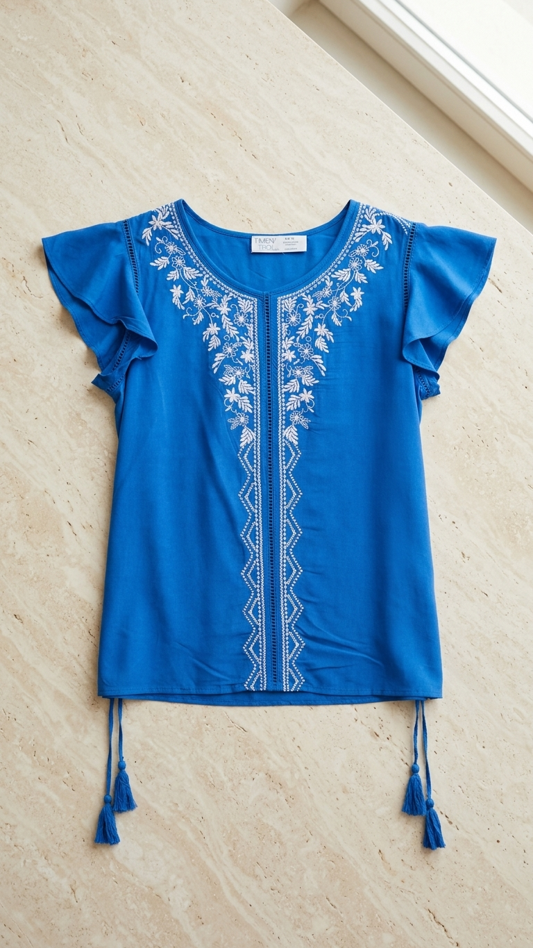 Cobalt Blue Embroidered Flutter Top — White Floral Embroidery, Tassel Hem | Rayon
