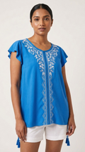 Cobalt Blue Embroidered Flutter Top — White Floral Embroidery, Tassel Hem | Rayon