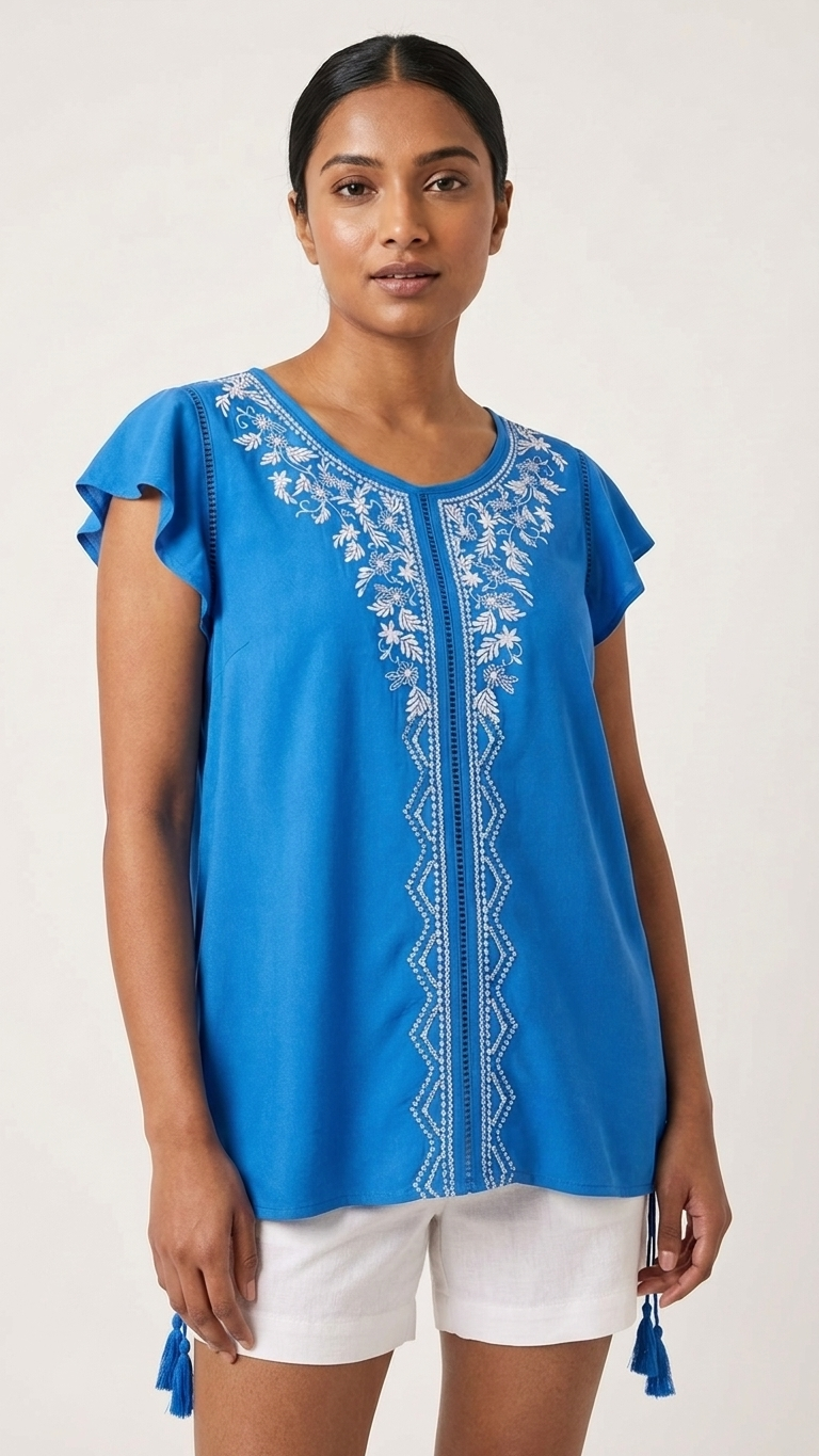 Cobalt Blue Embroidered Flutter Top — White Floral Embroidery, Tassel Hem | Rayon