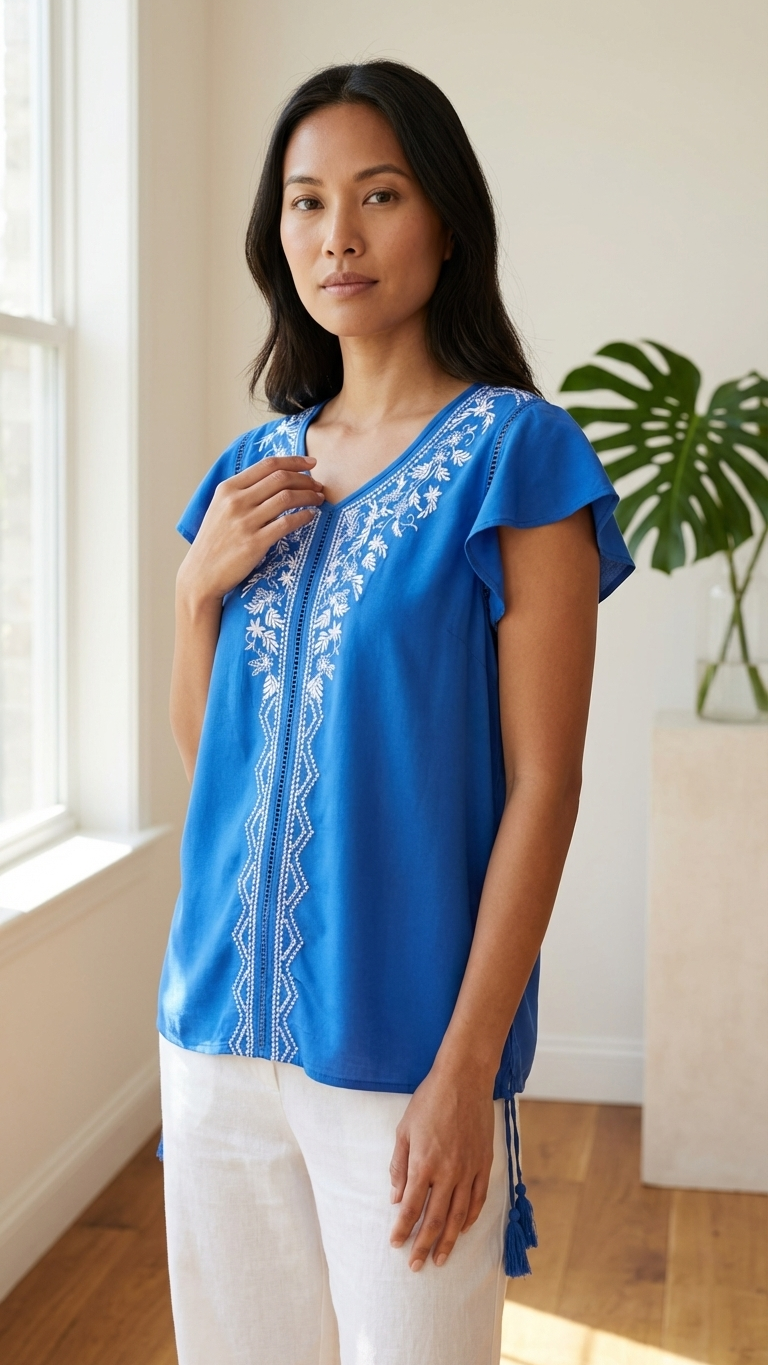Cobalt Blue Embroidered Flutter Top — White Floral Embroidery, Tassel Hem | Rayon