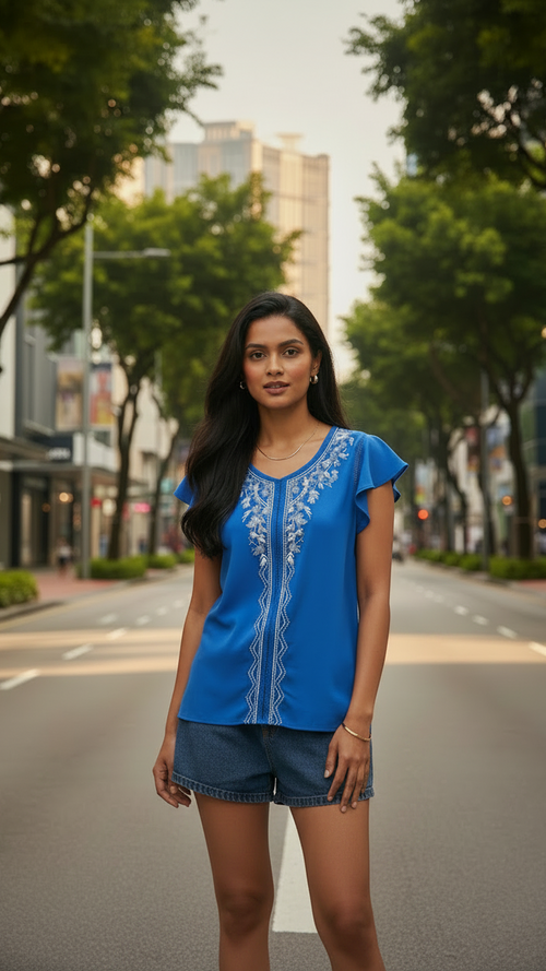 Cobalt Blue Embroidered Flutter Top — White Floral Embroidery, Tassel Hem | Rayon