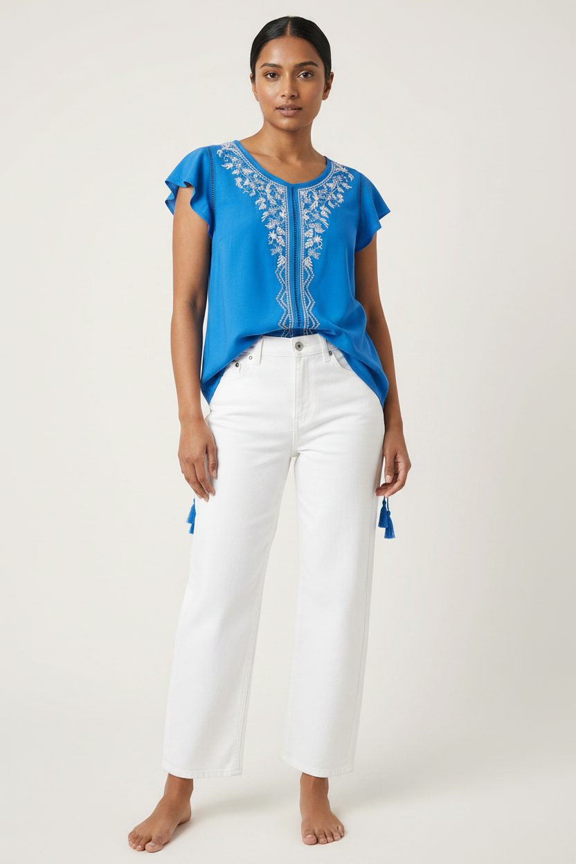 Cobalt Blue Embroidered Flutter Top — White Floral Embroidery, Tassel Hem | Rayon