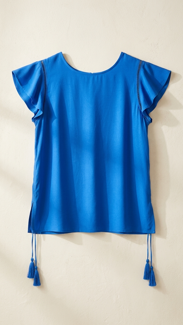 Cobalt Blue Embroidered Flutter Top — White Floral Embroidery, Tassel Hem | Rayon