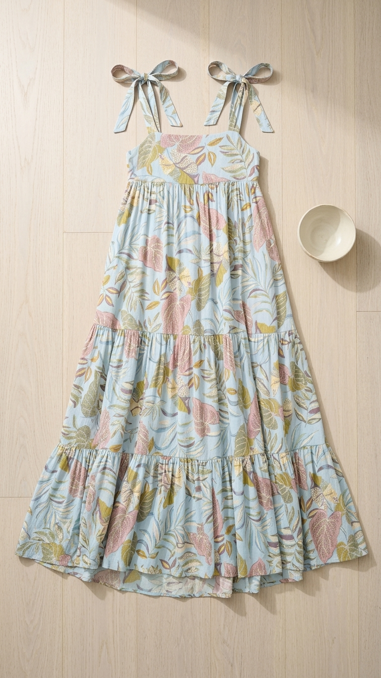 Aqua Tropical Leaf Tiered Maxi Dress — Crinkle Rayon, Tie Bow Straps