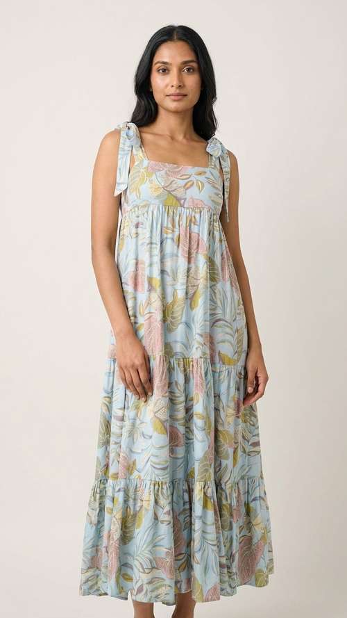 Aqua Tropical Leaf Tiered Maxi Dress — Crinkle Rayon, Tie Bow Straps