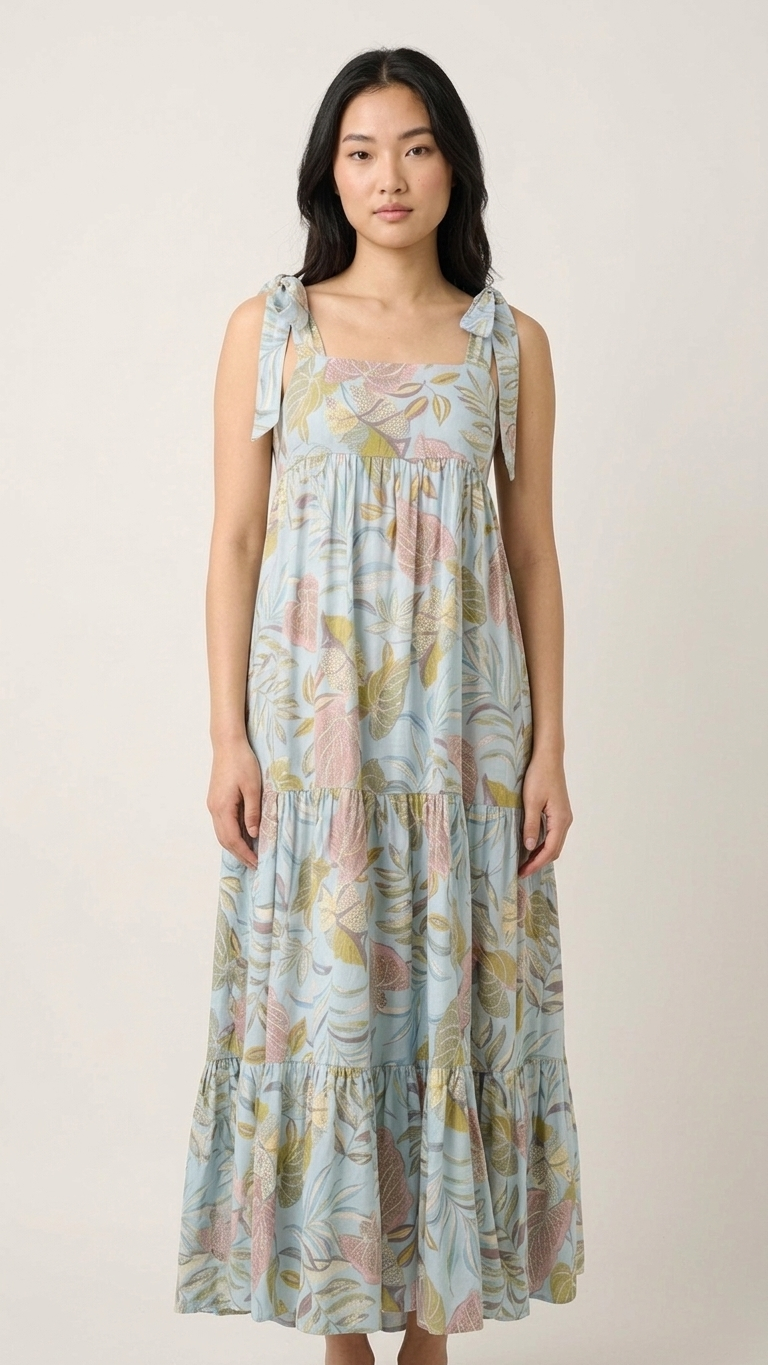Aqua Tropical Leaf Tiered Maxi Dress — Crinkle Rayon, Tie Bow Straps