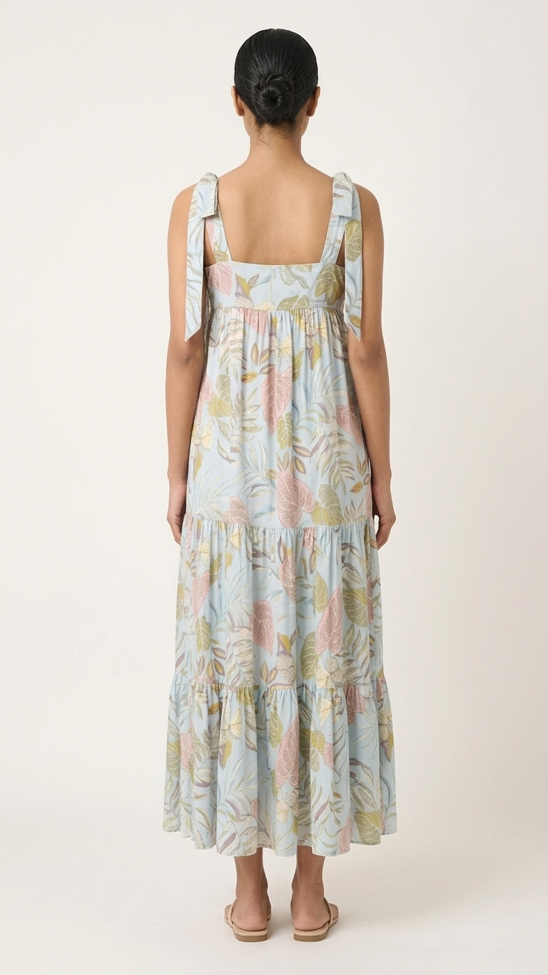 Aqua Tropical Leaf Tiered Maxi Dress — Crinkle Rayon, Tie Bow Straps