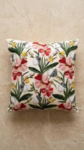 Ivory Botanical Hand Embroidered Cushion Cover — 18x18, Red Cotton Back