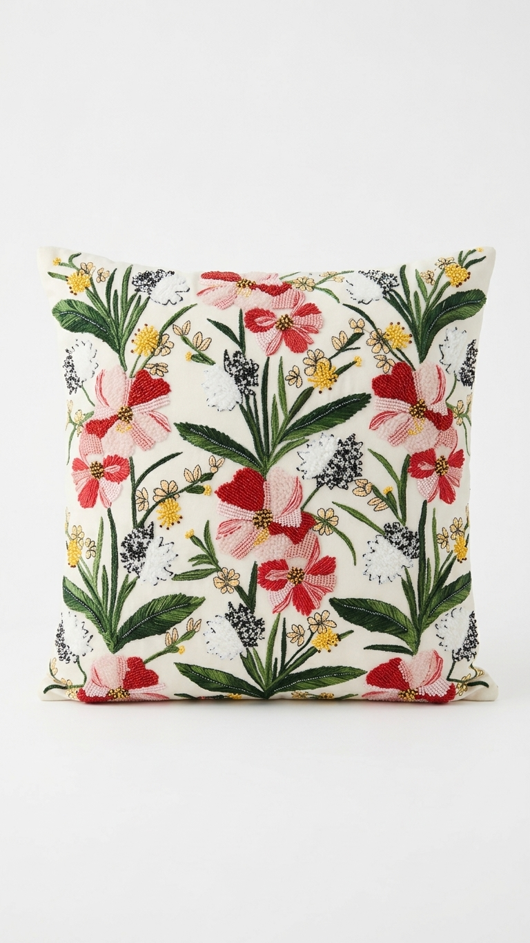 Ivory Botanical Hand Embroidered Cushion Cover — 18x18, Red Cotton Back