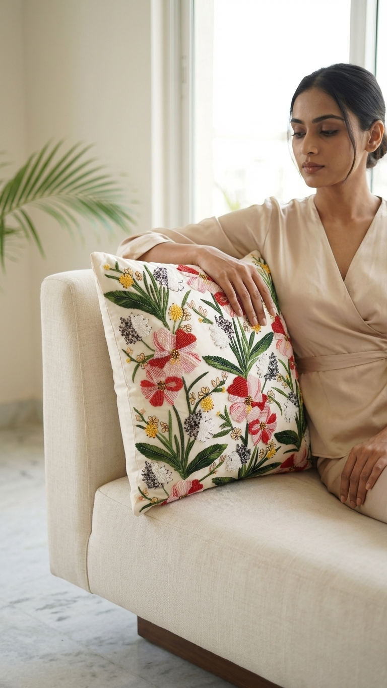 Ivory Botanical Hand Embroidered Cushion Cover — 18x18, Red Cotton Back