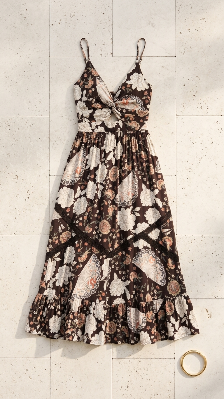 Botanical Twist-Front Maxi Dress — Chocolate Floral Print